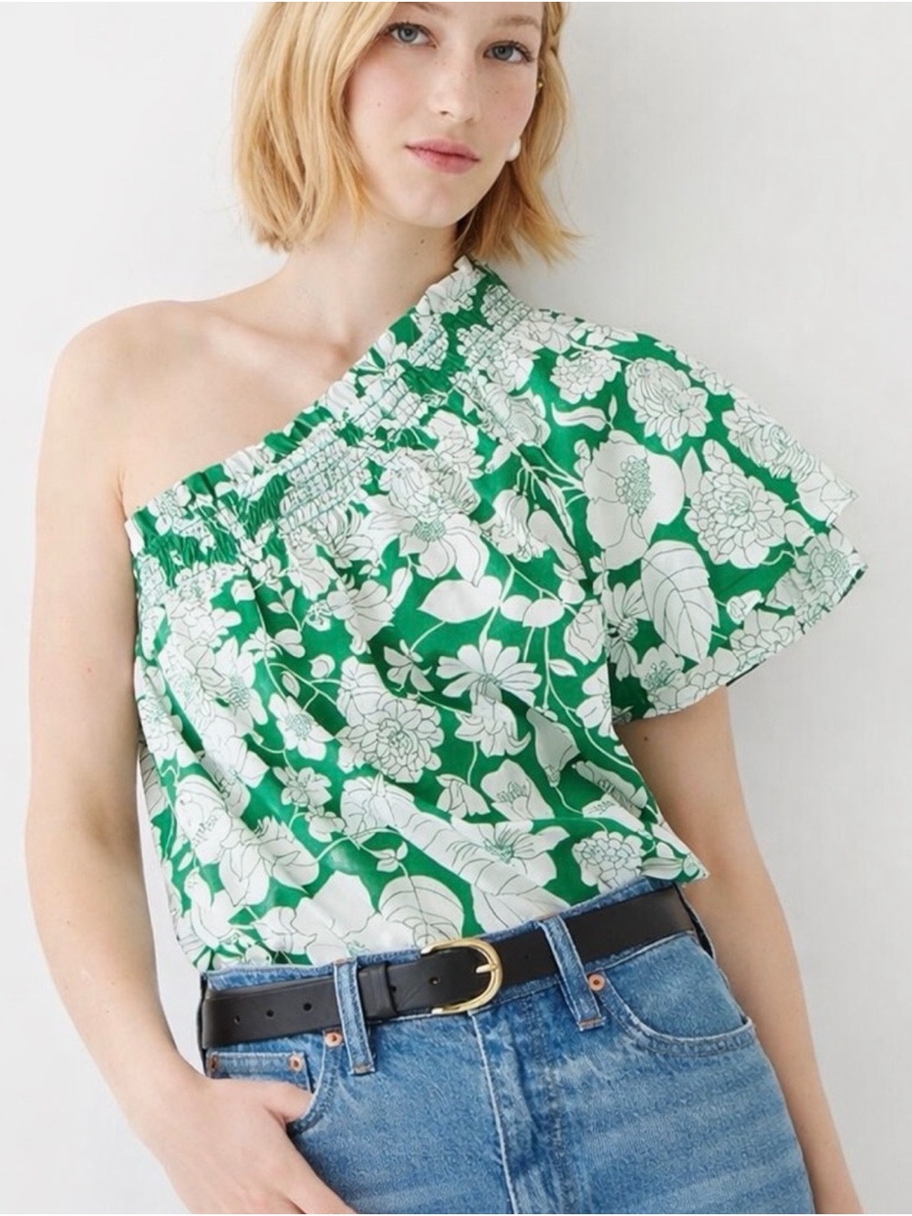 J Crew One-Shoulder Kelly Green Poplin Floral Top